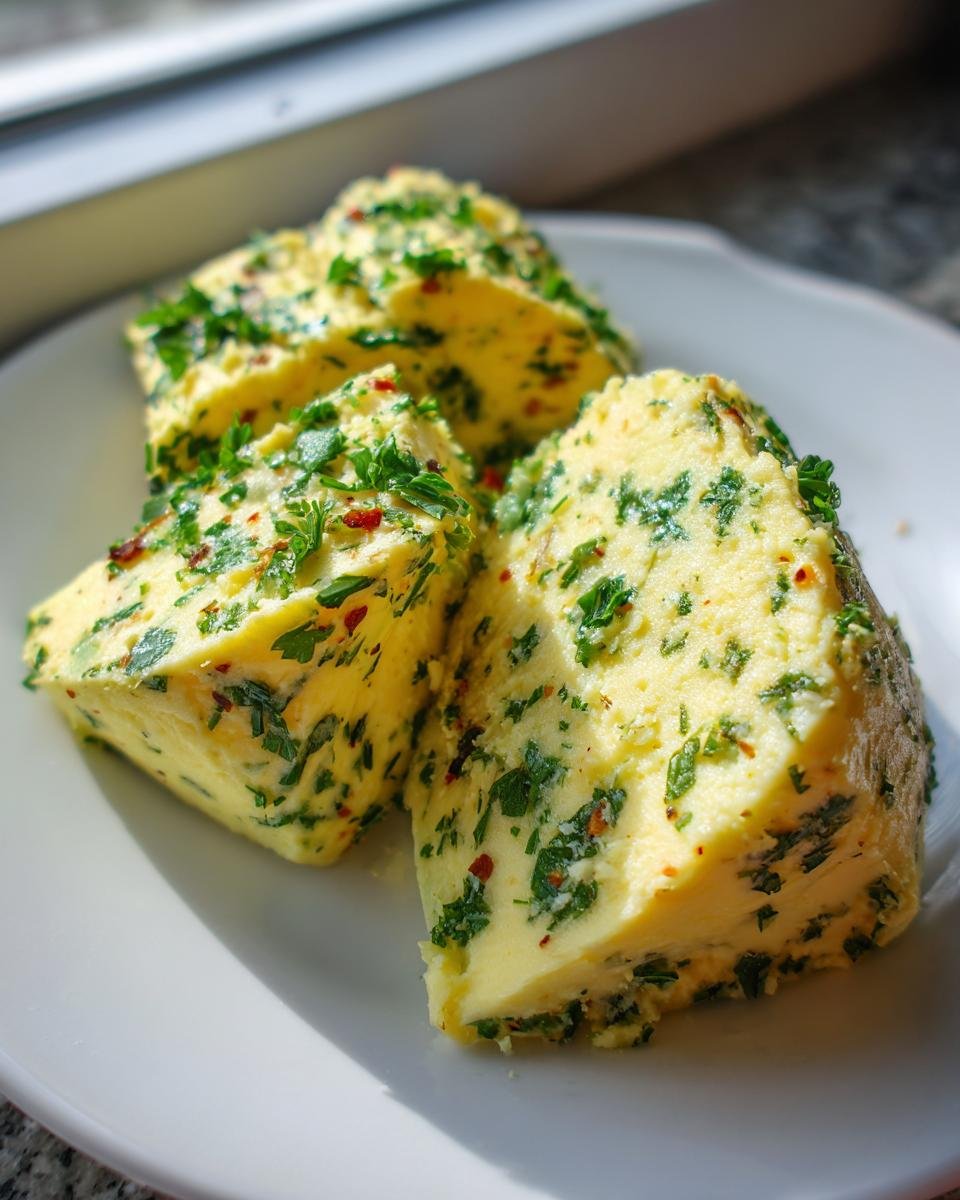 Drei St&uuml;cke selbstgemachtes Roasted Garlic Cowboy Butter, reich an Kr&auml;utern und Chili, auf einem wei&szlig;en Teller.