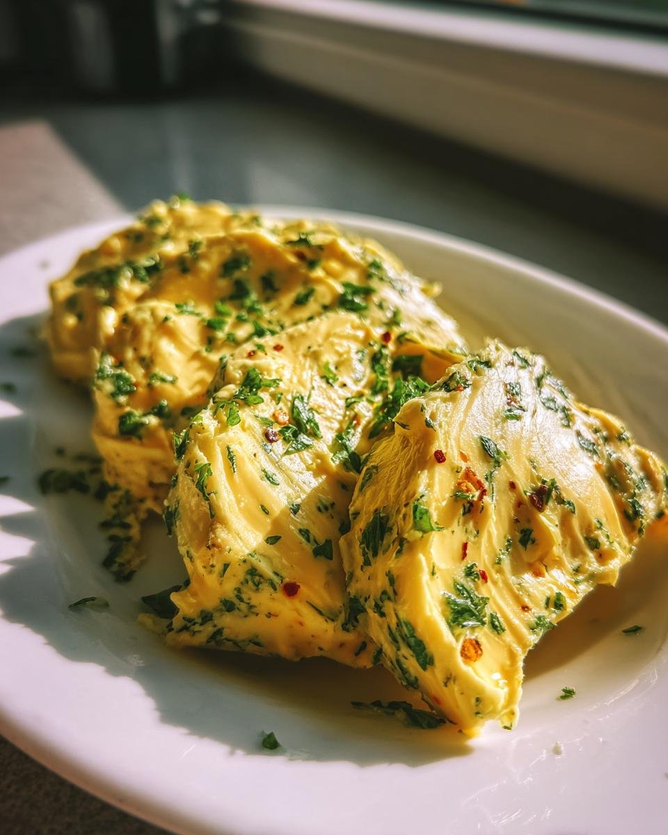 Drei Portionen cremige, gelbe Roasted Garlic Cowboy Butter mit gehackten Kr&auml;utern und Chiliflocken auf einem wei&szlig;en Teller.