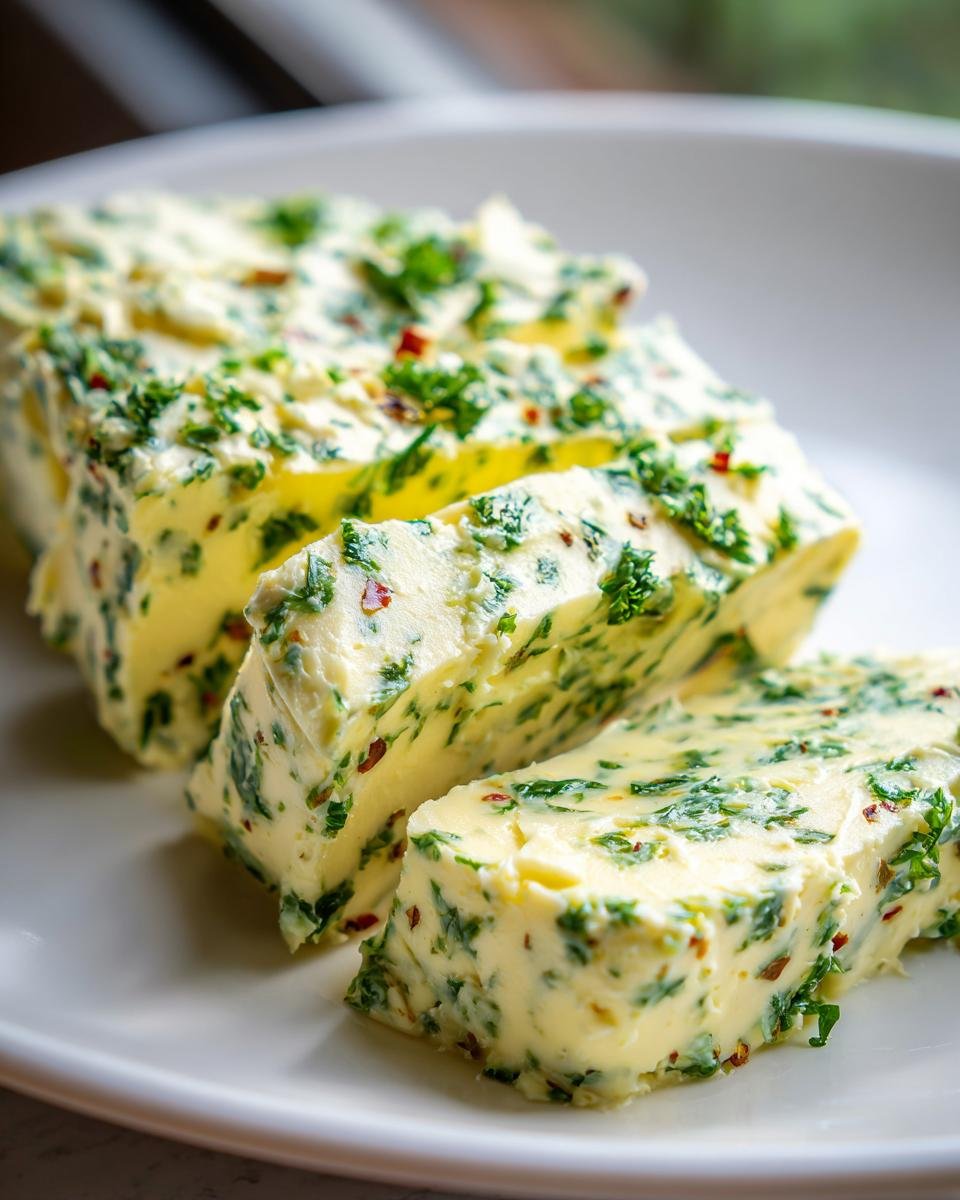 Drei Scheiben selbstgemachtes Roasted Garlic Cowboy Butter, reich an Petersilie und Chili, auf einem wei&szlig;en Teller.