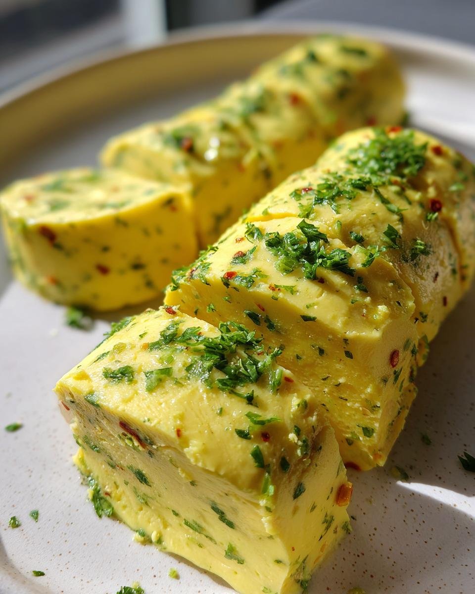 Nahaufnahme von in Scheiben geschnittenem, gelbem Roasted Garlic Cowboy Butter, bestreut mit frischer Petersilie.
