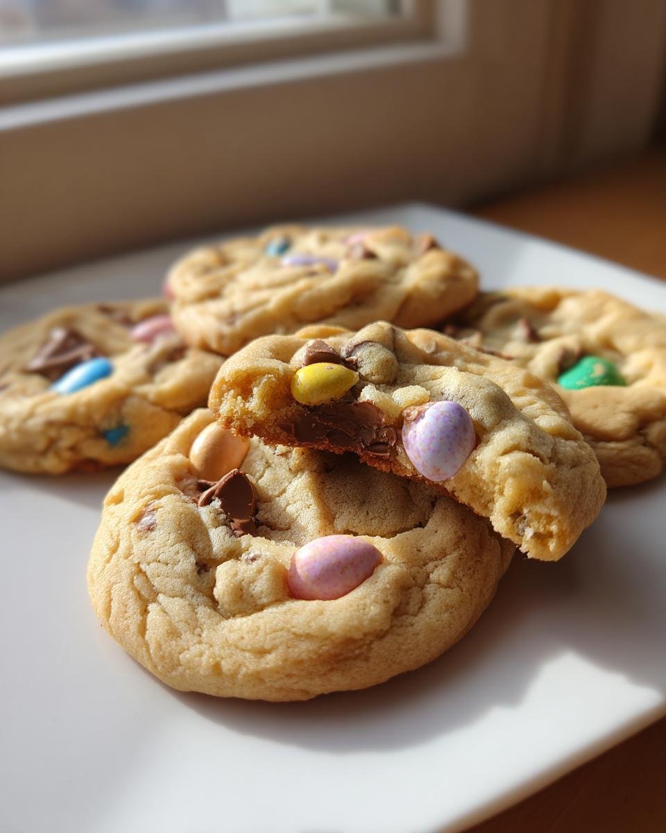 Nahaufnahme von weichen Cadbury Egg Cookies, einer davon zerbrochen, um den geschmolzenen Schokoladenkern zu zeigen.