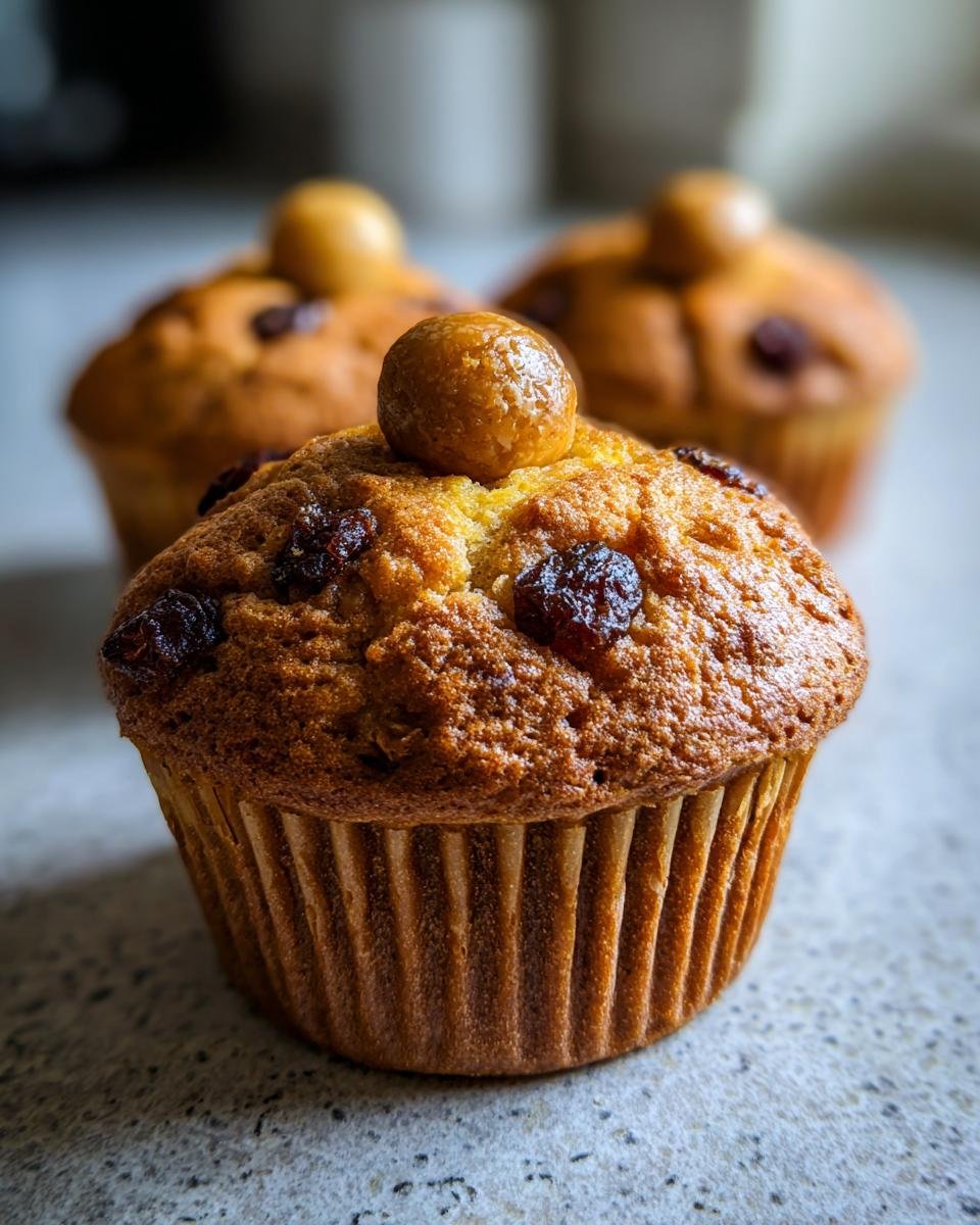 Nahaufnahme eines saftigen Delightful Simnel Muffins mit Rosinen und einer Marzipankugel obenauf.