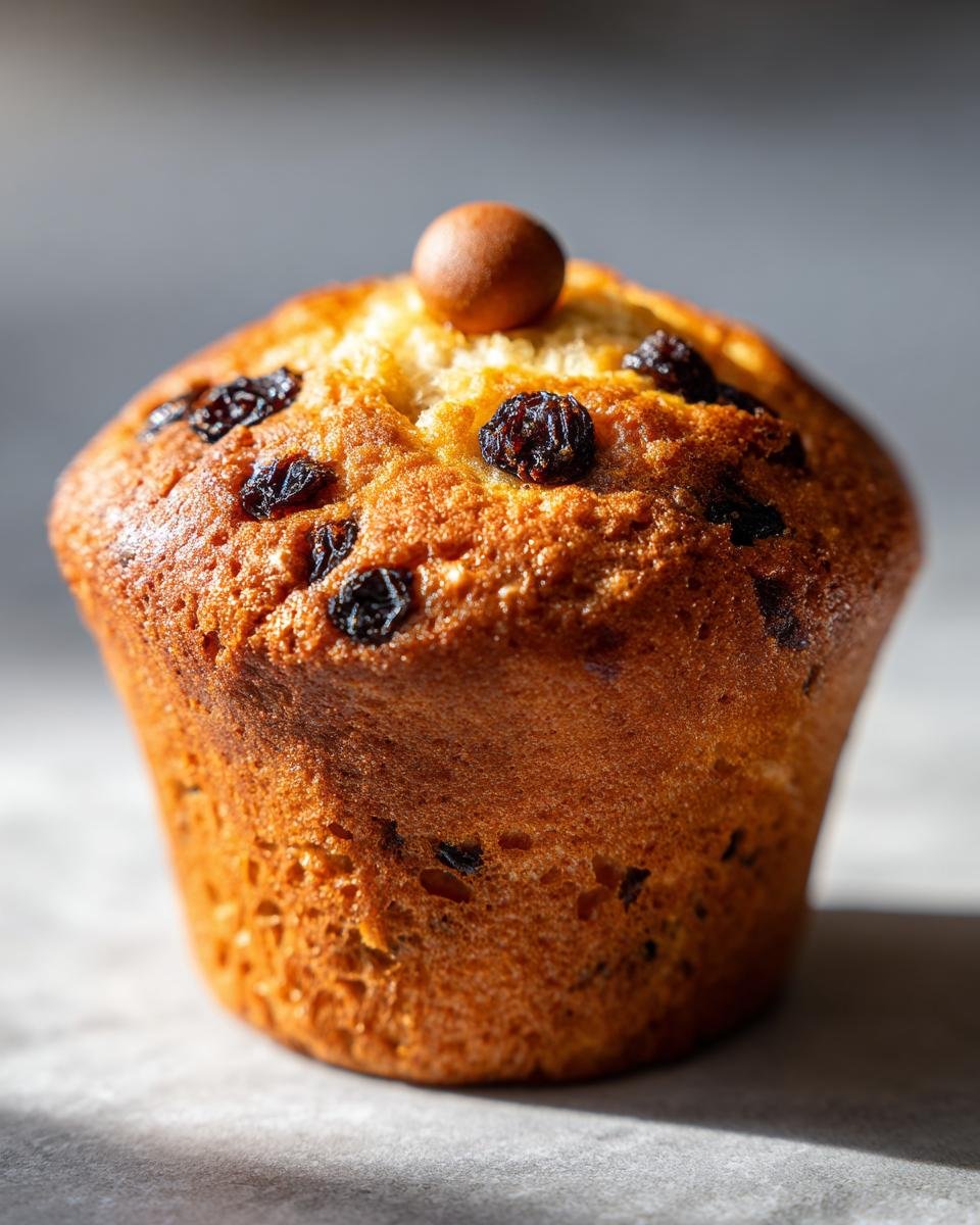 Nahaufnahme eines saftigen Delightful Simnel Muffins mit Rosinen und einer Marzipankugel obenauf.