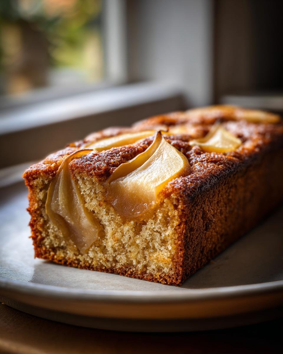 Nahaufnahme eines saftigen Italian Pear Cake mit karamellisierten Birnenspalten auf der Oberfl&auml;che.