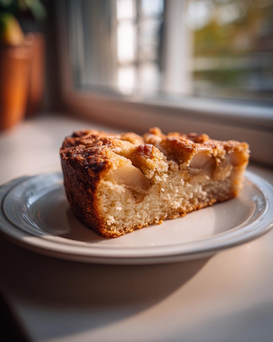 Nahaufnahme eines Anschnitts vom saftigen Italian Pear Cake mit karamellisierten Birnenscheiben obenauf.