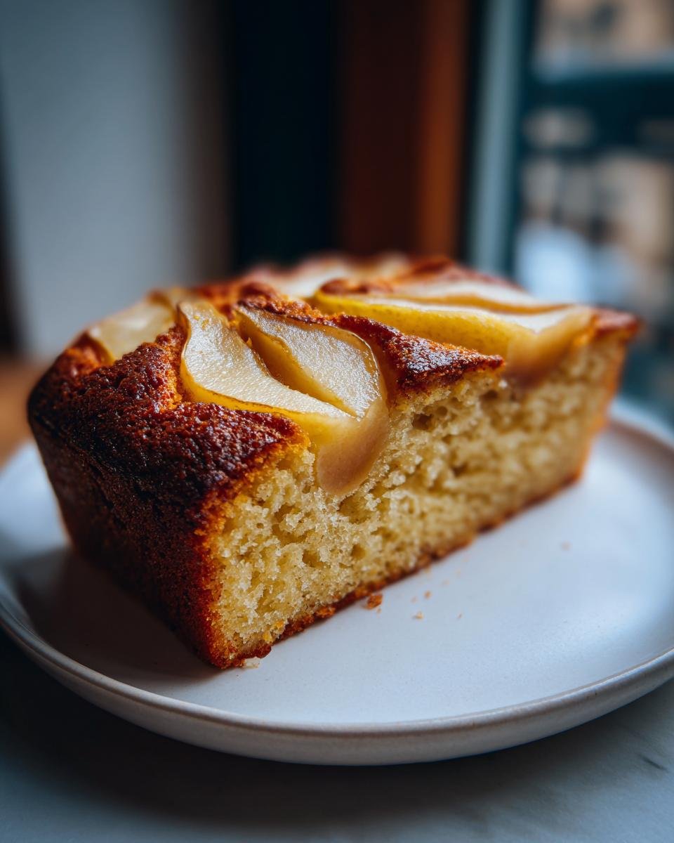 Ein saftiges St&uuml;ck Italian Pear Cake mit sichtbaren Birnenst&uuml;cken auf einem wei&szlig;en Teller, beleuchtet durch helles Fensterlicht.