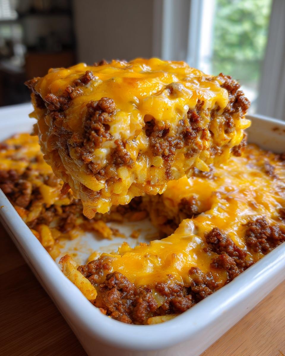 Ein gro&szlig;es St&uuml;ck des Satisfying Cheeseburger French Fry Bake mit geschmolzenem Cheddar wird aus der Auflaufform gehoben.