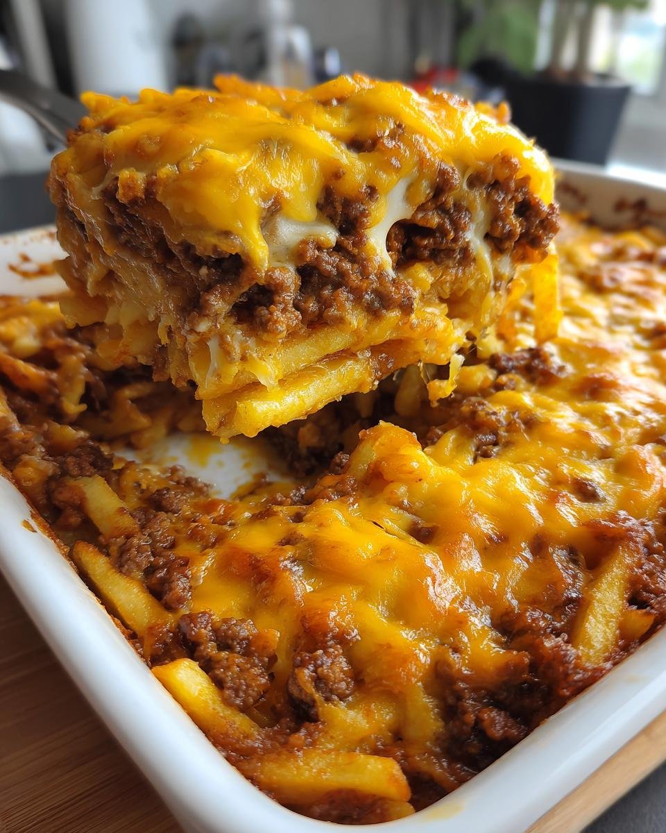 Ein gro&szlig;es, geschichtetes St&uuml;ck des Satisfying Cheeseburger French Fry Bake mit geschmolzenem Cheddar wird aus der Auflaufform gehoben.