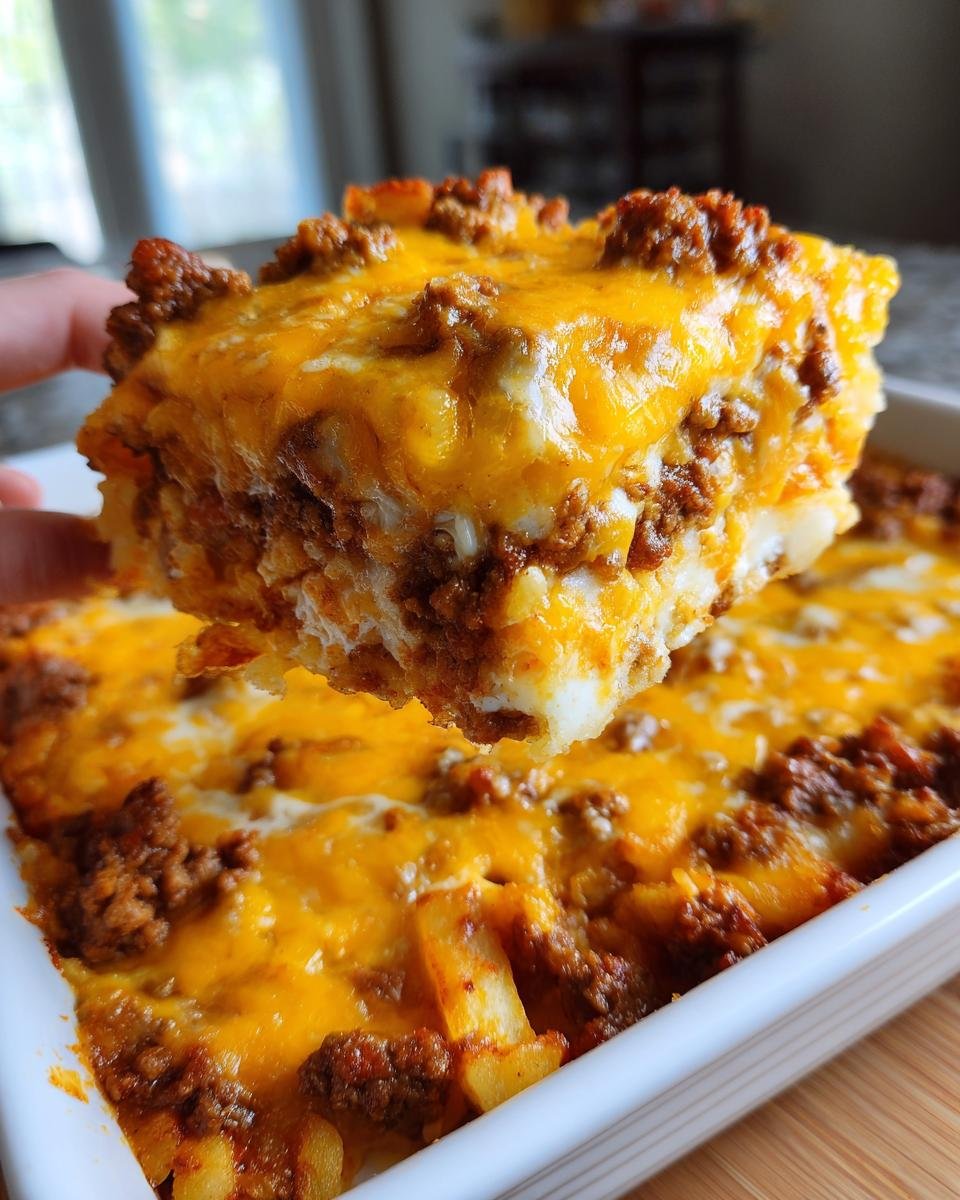 Eine Hand h&auml;lt ein gro&szlig;es St&uuml;ck des Satisfying Cheeseburger French Fry Bake mit geschmolzenem Cheddar-K&auml;se.