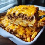 Ein St&uuml;ck Satisfying Cheeseburger Pommes Auflauf mit geschmolzenem Cheddar-K&auml;se wird aus einer Auflaufform gehoben.