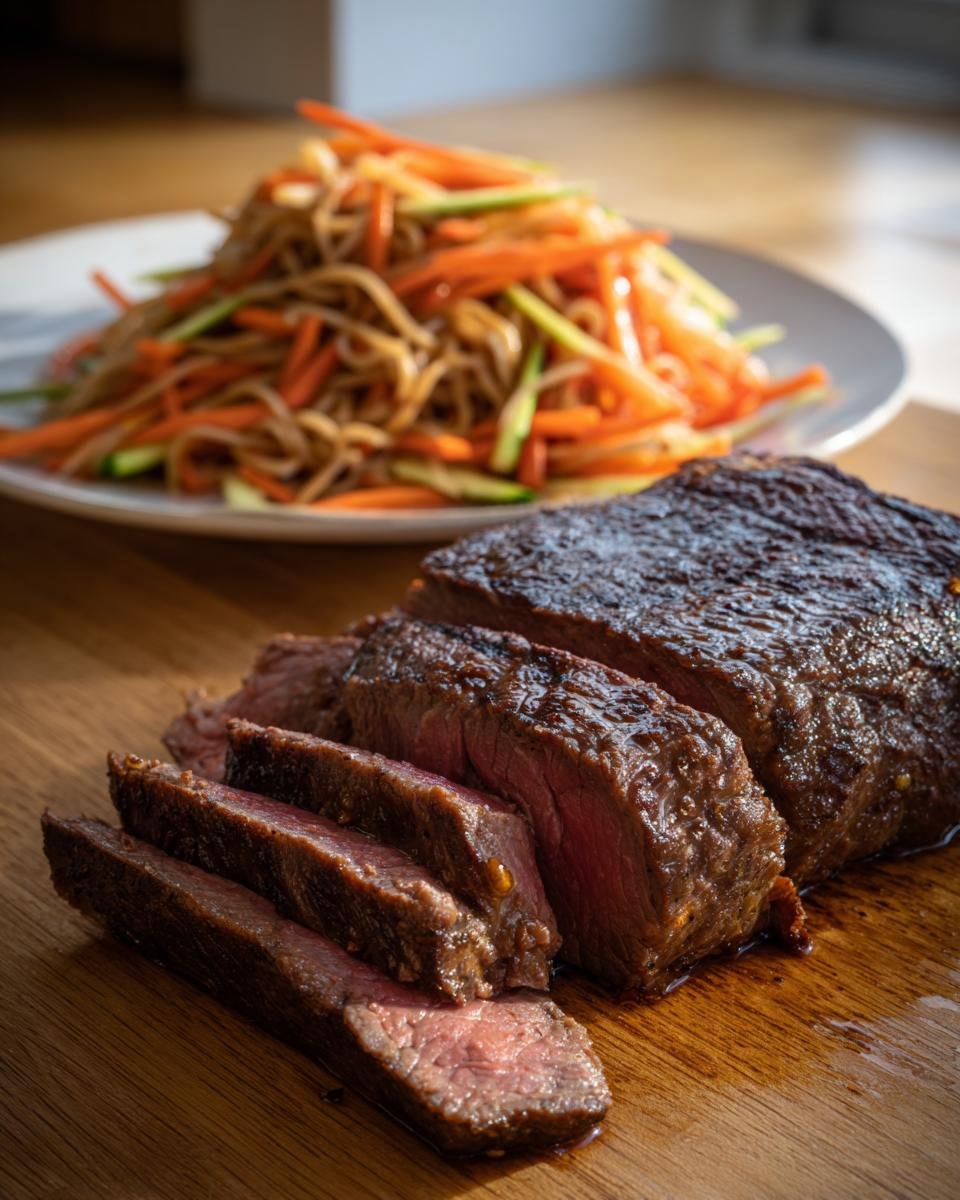 Aufgeschnittenes, saftiges Savory Miso Steak mit rosa Kern auf einem Holzbrett, im Hintergrund Nudelsalat.