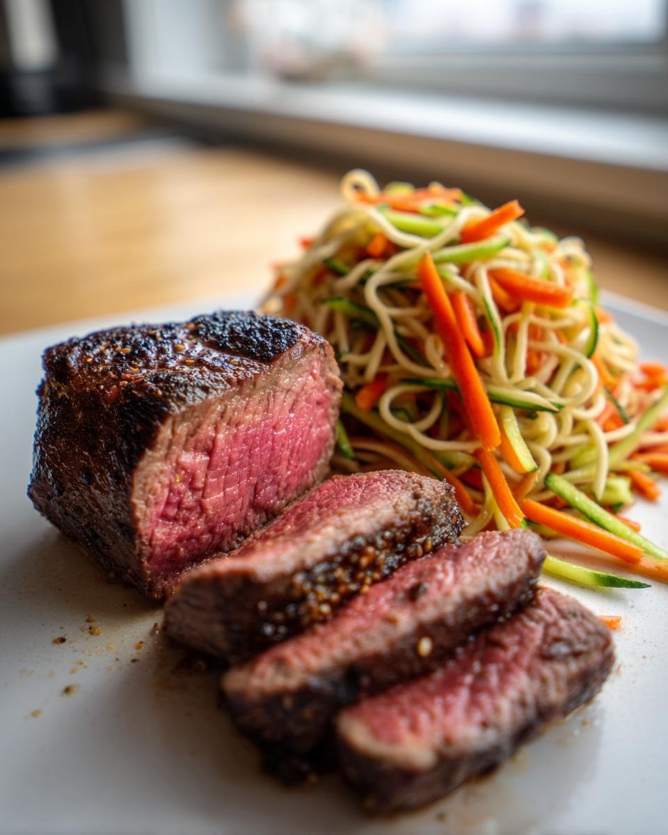 Aufgeschnittenes, saftiges Miso Steak neben einem bunten Nudelsalat mit Julienne-Gem&uuml;se.
