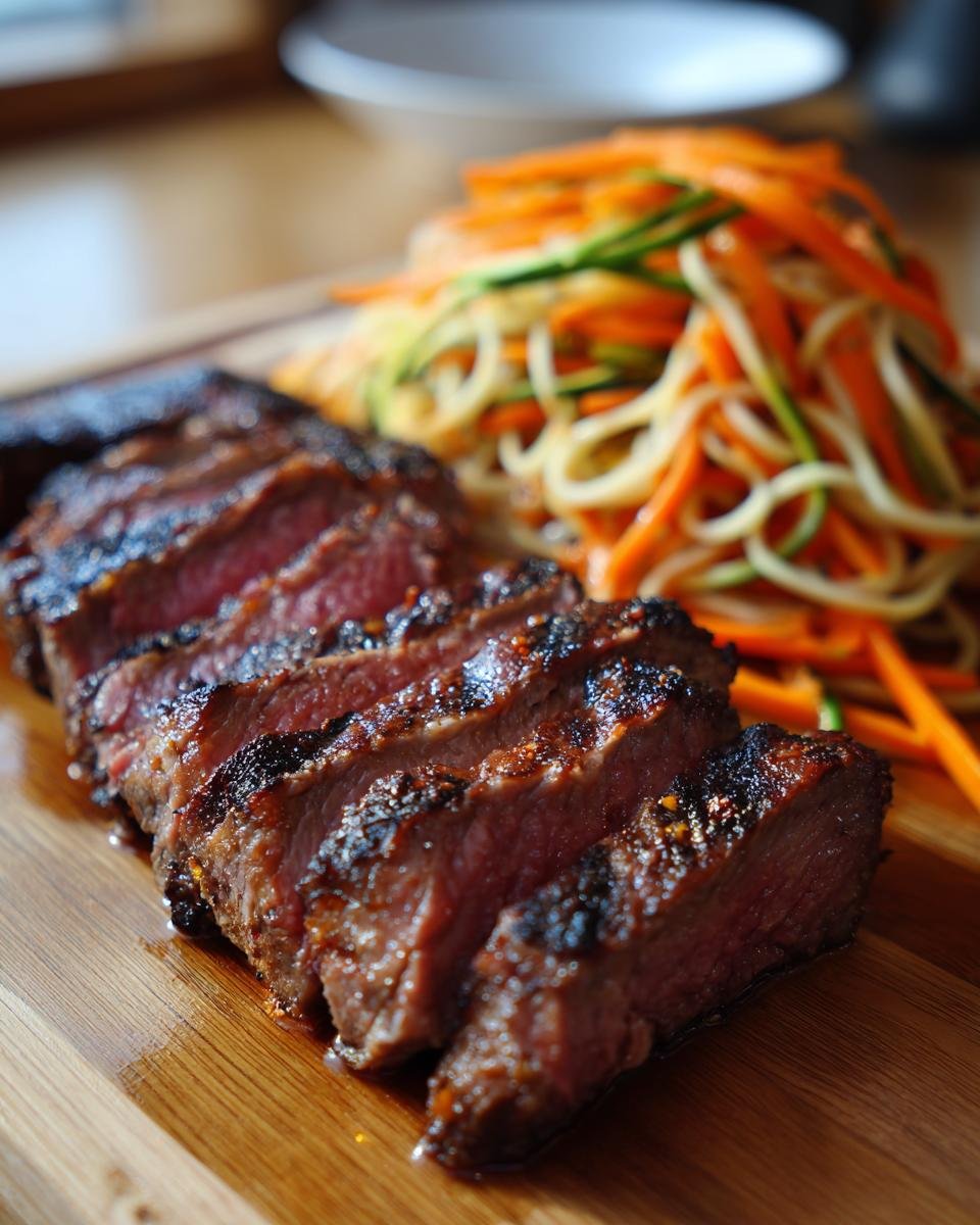 Nahaufnahme von aufgeschnittenem, rosa gebratenem Savory Miso Steak mit einem bunten Gem&uuml;se-Nudelsalat.