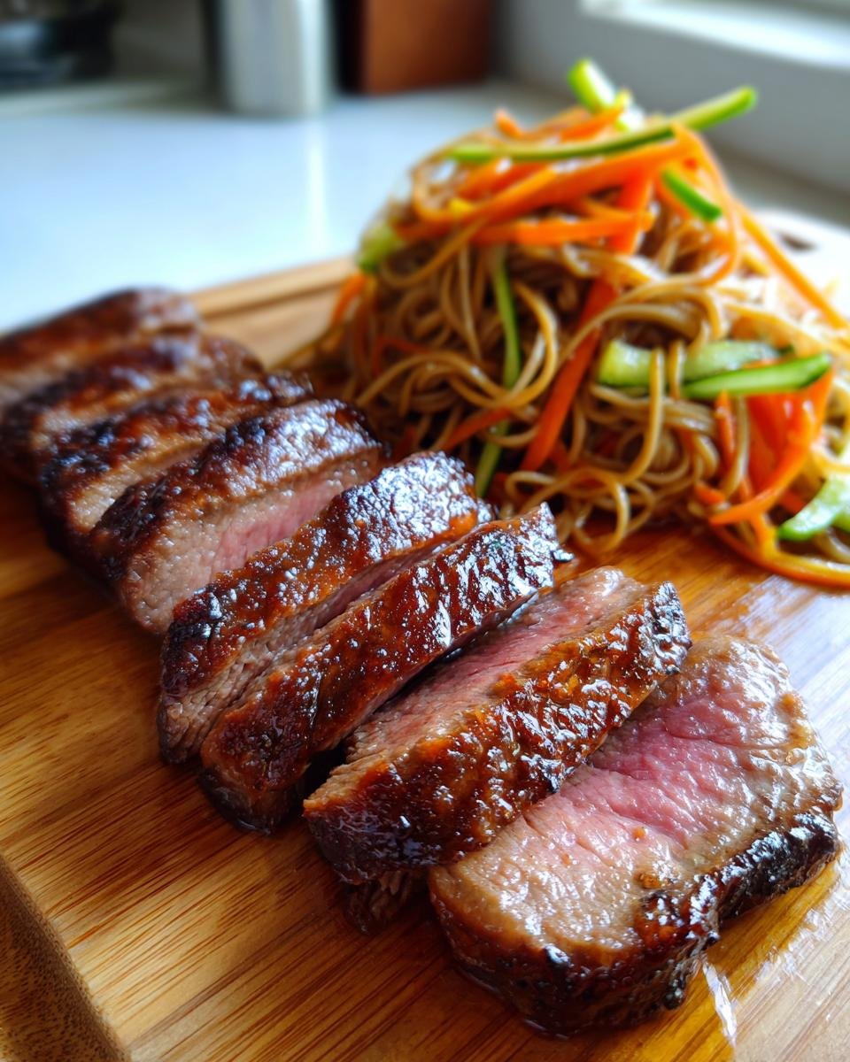 Aufgeschnittenes, glasiertes Miso Steak auf einem Holzbrett neben einem Nudelsalat mit Julienne-Gem&uuml;se.