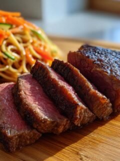 Aufgeschnittenes, saftiges Miso Steak neben einem asiatischen Nudelsalat auf einem Holzbrett.