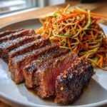 Aufgeschnittenes, medium-rare gebratenes Savory Miso Steak mit Sesam bestreut, serviert mit einem bunten Nudelsalat.