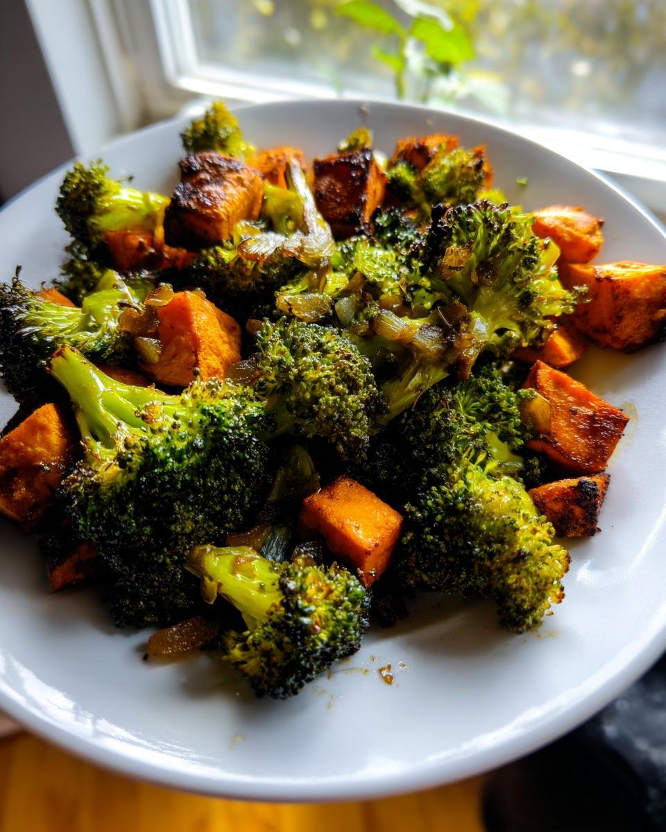 Nahaufnahme von gebratenem Brokkoli und gew&uuml;rfelten S&uuml;&szlig;kartoffeln, Teil des Savory Roasted Broccoli Sweet Potatoes Recipe.