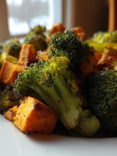 Nahaufnahme von gebratenem Brokkoli und gew&uuml;rfelten S&uuml;&szlig;kartoffeln, Teil des Savory Roasted Broccoli Sweet Potatoes Recipe.