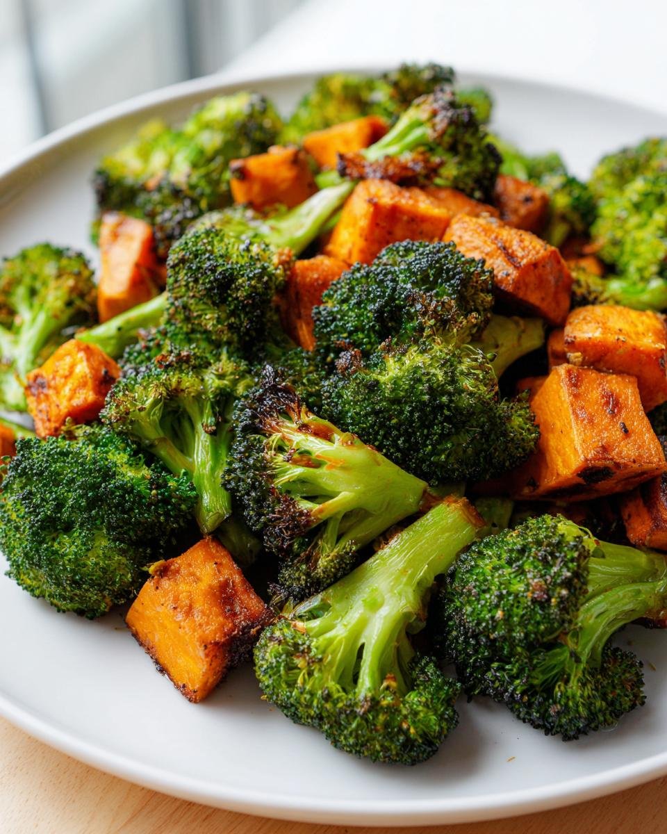 Nahaufnahme von knusprig ger&ouml;stetem Brokkoli und gew&uuml;rfelten S&uuml;&szlig;kartoffeln auf einem wei&szlig;en Teller &ndash; das perfekte Savory Roasted Broccoli Sweet Potatoes Recipe.