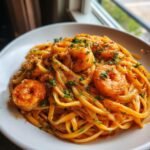 Nahaufnahme von scharfer Sriracha-Limetten-Garnelen-Linguine mit cremiger Sauce und Petersilie.