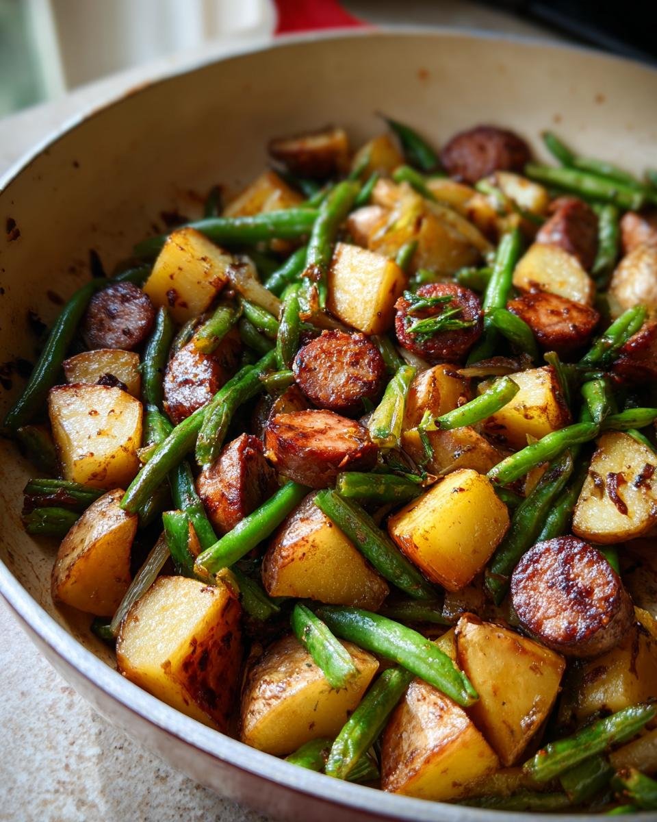 Nahaufnahme einer Pfanne mit Kartoffelst&uuml;cken, gr&uuml;nen Bohnen und gebratener Wurst (Schnell und lecker).