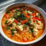 Nahaufnahme einer Sch&uuml;ssel mit Quick Creamy Thai Red Curry Noodle Soup, garniert mit Huhn, Paprika und Koriander.