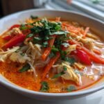 Nahaufnahme einer Sch&uuml;ssel mit der Schnellen Cremigen Thai Roten Curry Nudelsuppe, garniert mit Koriander.
