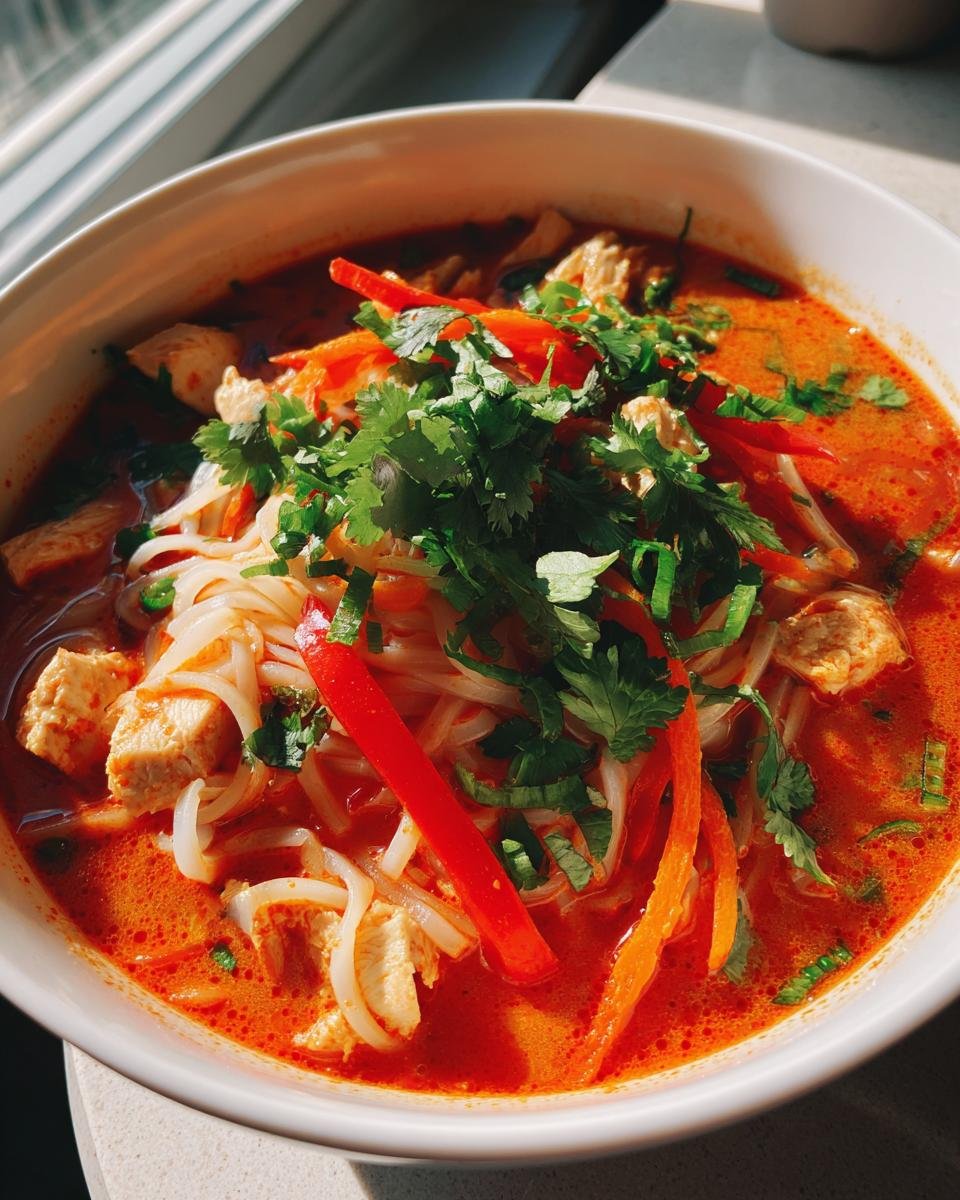 Nahaufnahme einer Sch&uuml;ssel mit Quick Creamy Thai Red Curry Noodle Soup, garniert mit Koriander und Paprika.