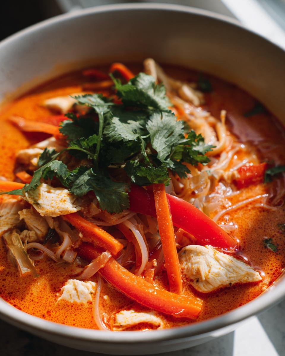 Nahaufnahme einer Sch&uuml;ssel mit Quick Creamy Thai Red Curry Noodle Soup, garniert mit Koriander und viel roter Paprika.