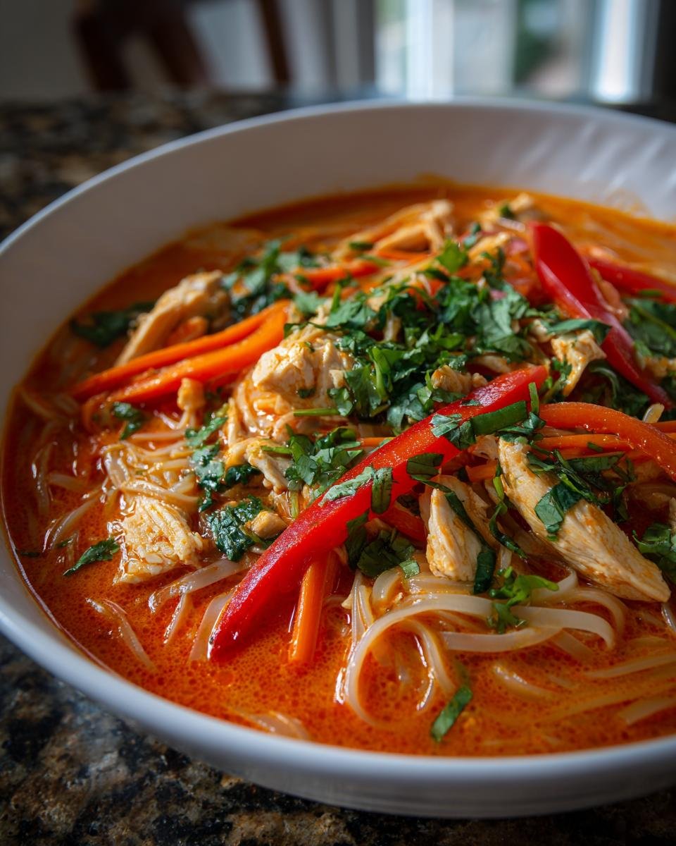 Nahaufnahme einer Sch&uuml;ssel mit Quick Creamy Thai Red Curry Noodle Soup, garniert mit H&auml;hnchen und roter Paprika.