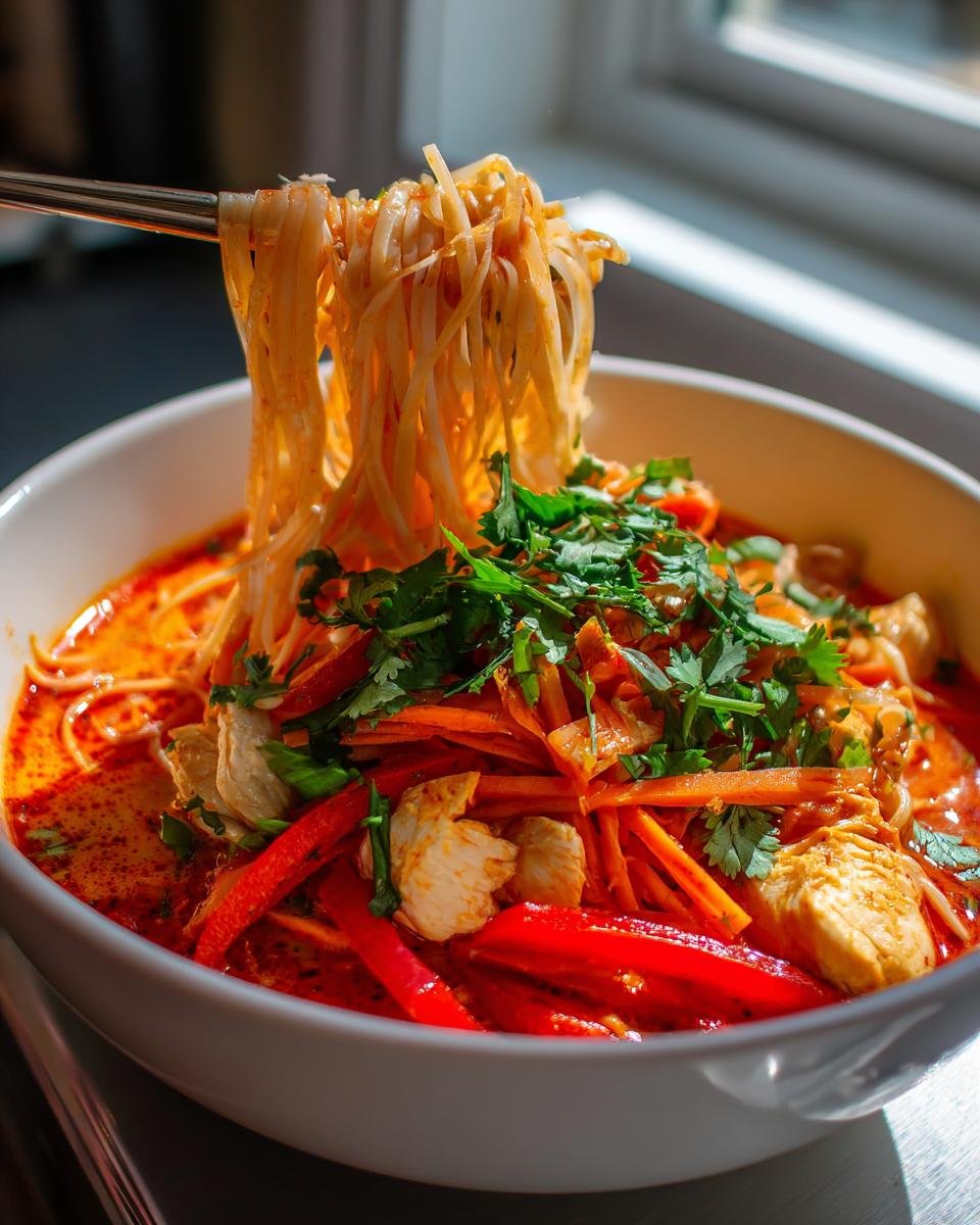 Essst&auml;bchen ziehen Reisnudeln aus einer Sch&uuml;ssel mit Quick Creamy Thai Red Curry Noodle Soup, garniert mit Koriander.