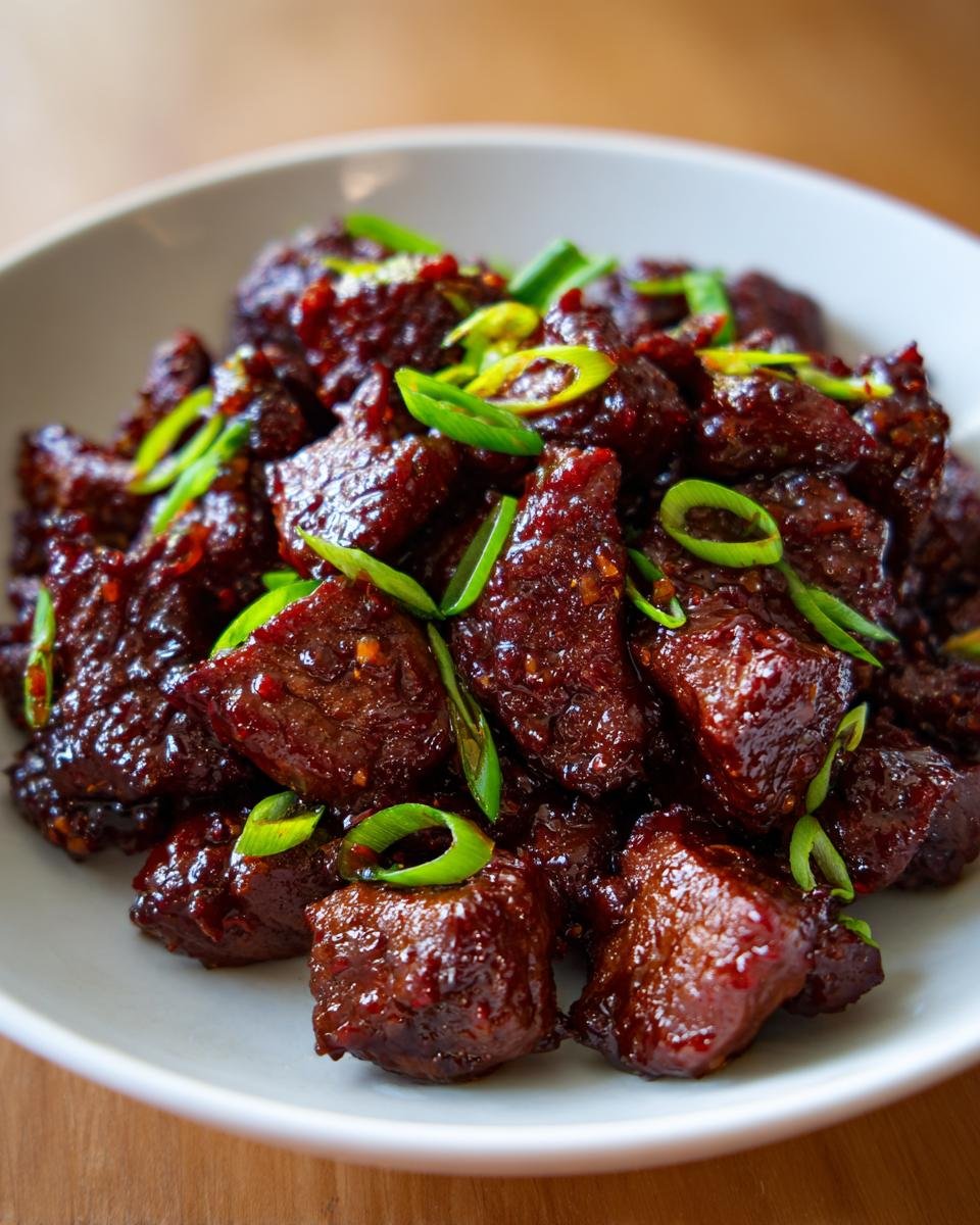 Nahaufnahme von Quick Flavorful Firecracker Steak Bites, glasiert und mit Fr&uuml;hlingszwiebeln garniert.