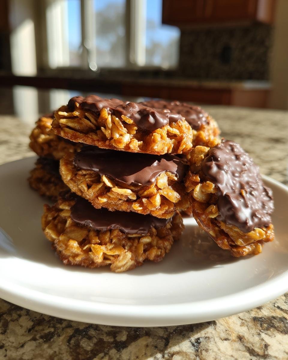 Ein Stapel Quick Florentines Almond Cookies With Chocolate auf einem wei&szlig;en Teller, unten mit Schokolade &uuml;berzogen.