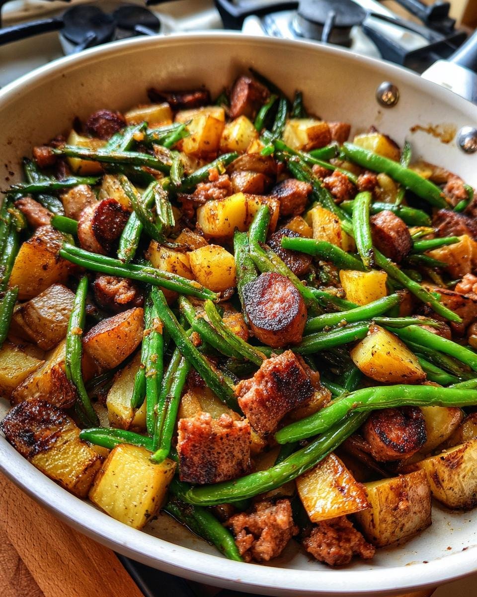 Nahaufnahme einer Pfanne mit Wurst, goldbraunen Kartoffelw&uuml;rfeln und gr&uuml;nen Bohnen &ndash; dem Quick And Tasty Sausage Potato Green Bean Skillet.