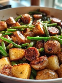 Nahaufnahme einer Pfanne mit gebratenen Kartoffeln, Wurstscheiben und gr&uuml;nen Bohnen &ndash; Quick And Tasty Sausage Potato Green Bean Skillet.