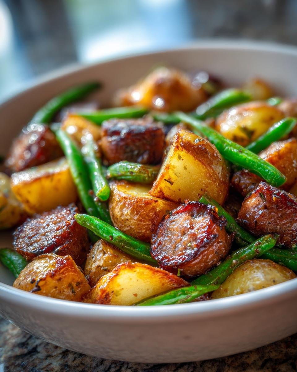 Nahaufnahme einer Sch&uuml;ssel mit der schnellen und leckeren Wurst-Kartoffel-Bohnen-Pfanne, goldbraun gebraten.
