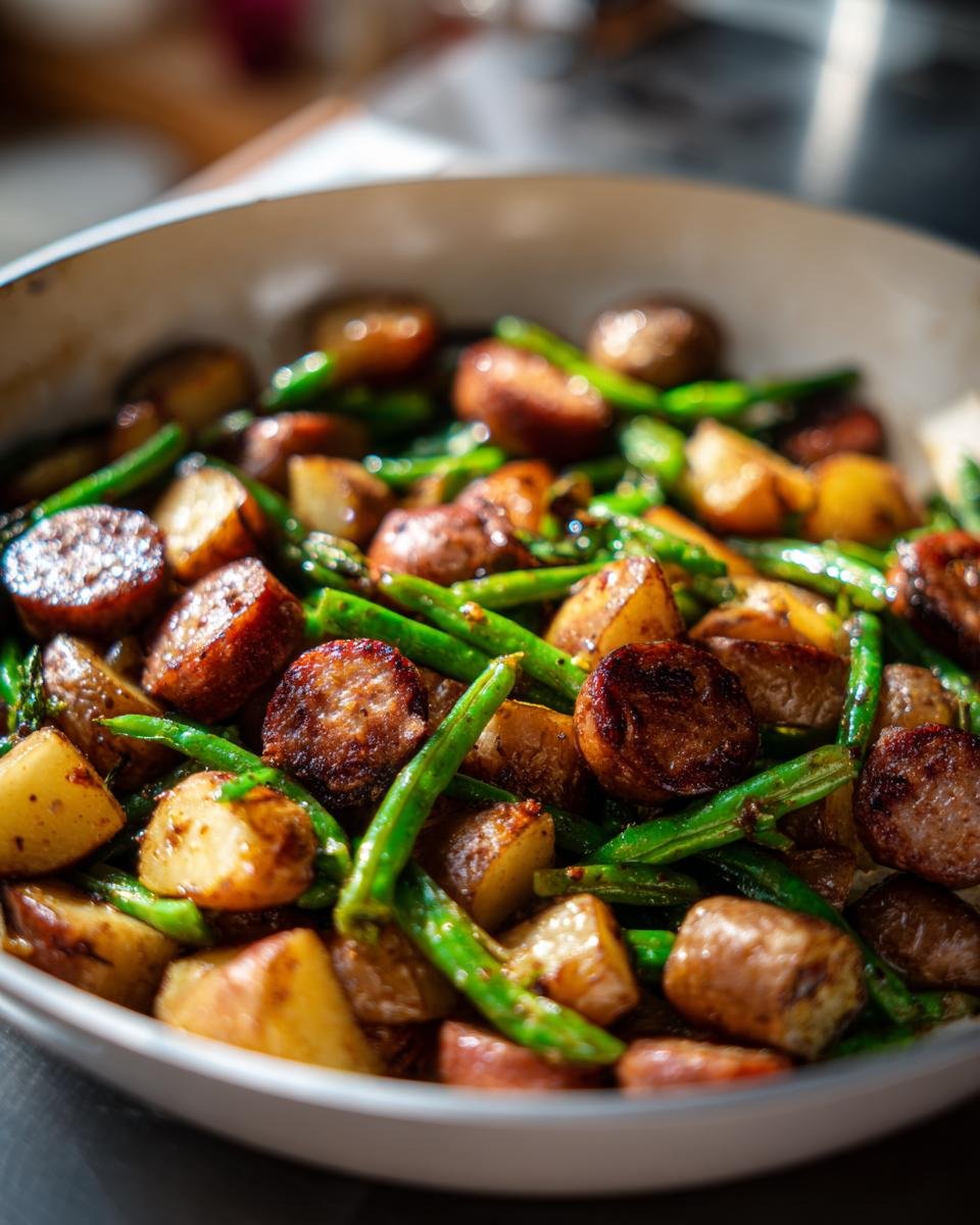 Nahaufnahme einer Pfanne mit der Schnelle Wurst-Kartoffel-Bohnen-Pfanne, gebratenen Wurstscheiben, Kartoffeln und gr&uuml;nen Bohnen.