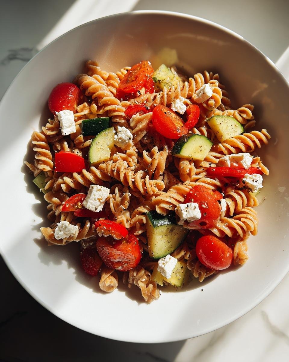 Nahaufnahme eines Quick Healthy Pasta Salad In 20 Minutes mit Vollkornnudeln, Kirschtomaten, Zucchini und Feta.