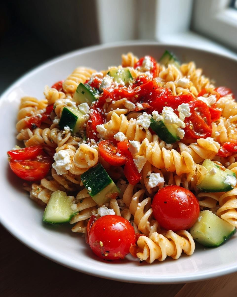 Nahaufnahme eines schnellen gesunden Nudelsalat mit Fusilli, Kirschtomaten, Gurkenst&uuml;cken und zerbr&ouml;seltem Feta.