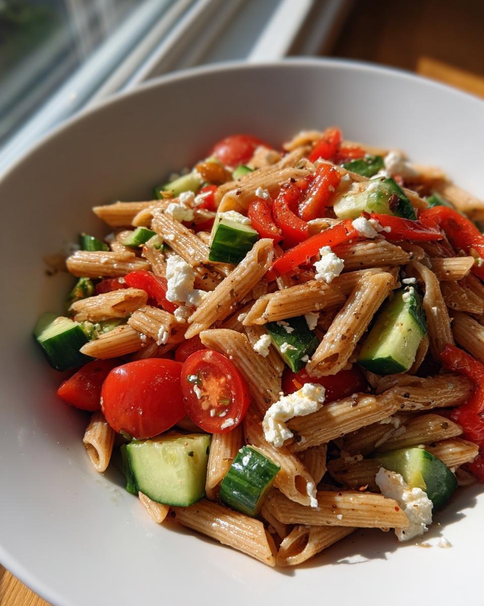 Nahaufnahme eines Quick Healthy Pasta Salad In 20 Minutes mit Vollkornpenne, Gurken, Tomaten und Feta.