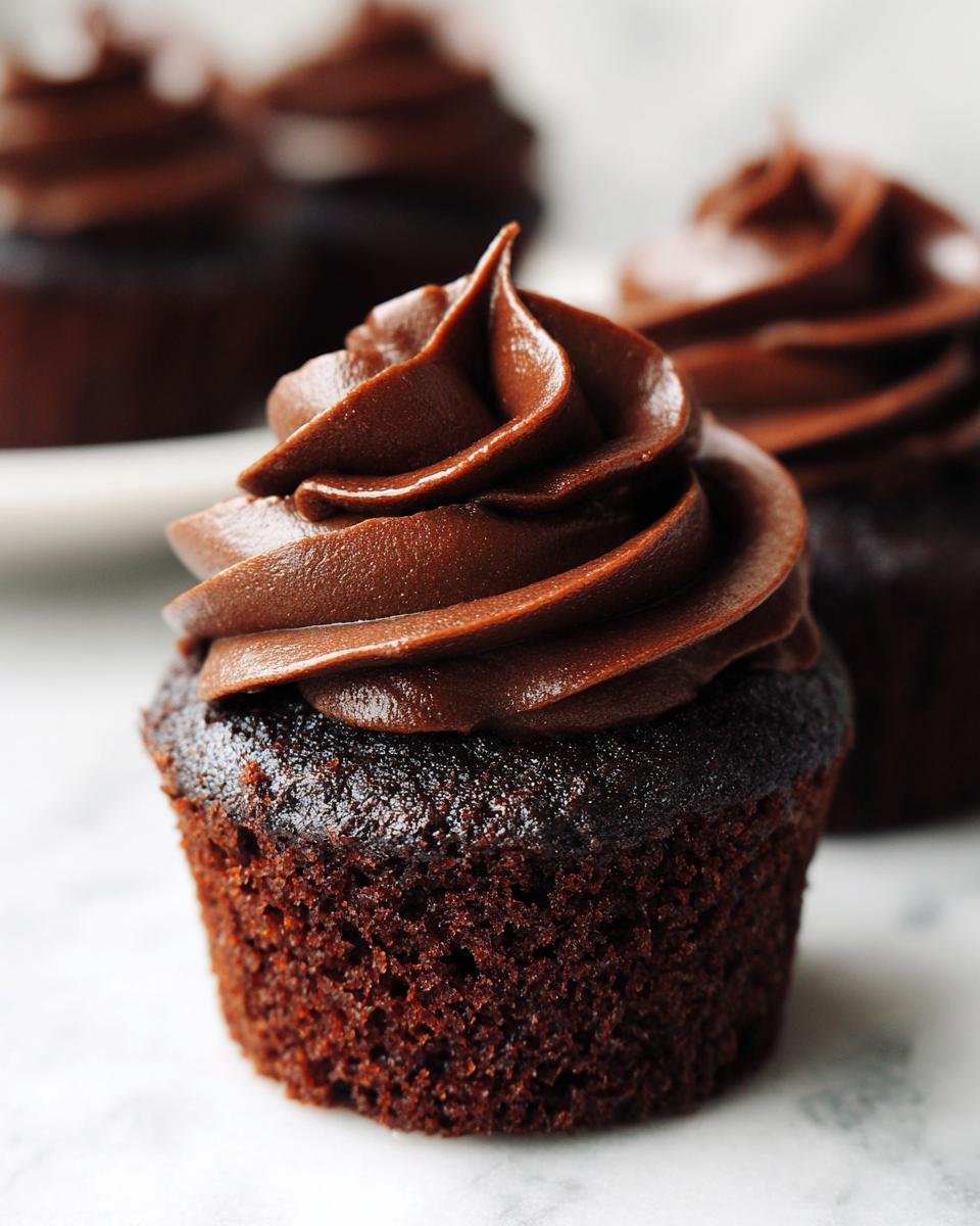 Nahaufnahme eines saftigen Schokoladen-Muffins mit einer hohen Spirale aus dunkler Schokoladencreme, ideal f&uuml;r Irresistible Hostess Chocolate Cupcakes.