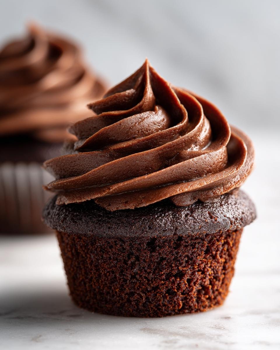 Nahaufnahme eines saftigen Schokoladen-Cupcakes mit hohem Wirbel aus dunklem Schokoladenfrosting, perfekt f&uuml;r 