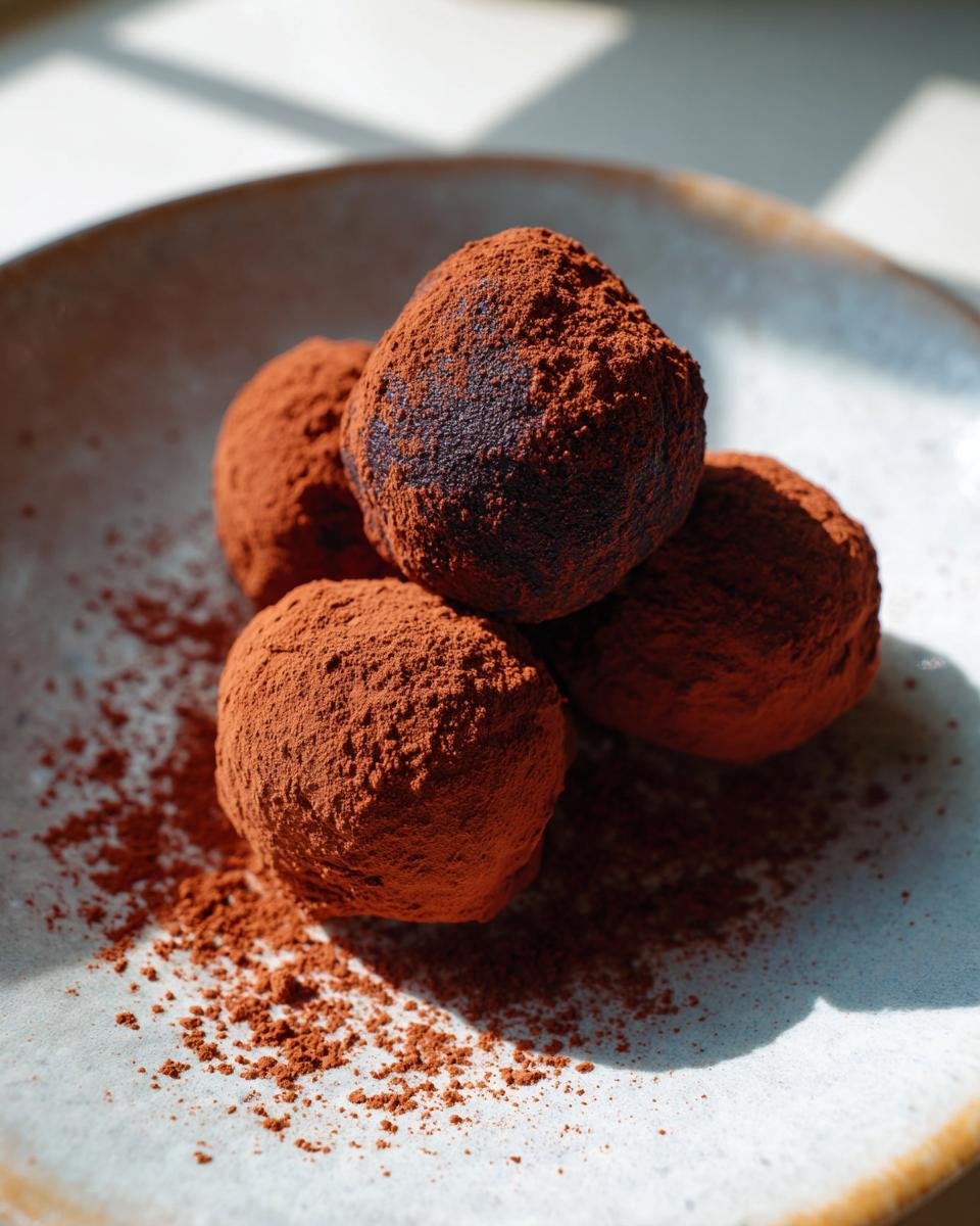 Vier unwiderstehliche Schokoladen-Ricotta-Fudgy-Tr&uuml;ffel, dick mit Kakaopulver best&auml;ubt, auf einem Teller.