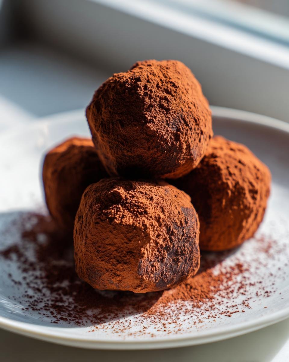 Nahaufnahme von vier unwiderstehlichen Schokoladen-Ricotta-Fudgy-Tr&uuml;ffeln, dick mit Kakaopulver best&auml;ubt.