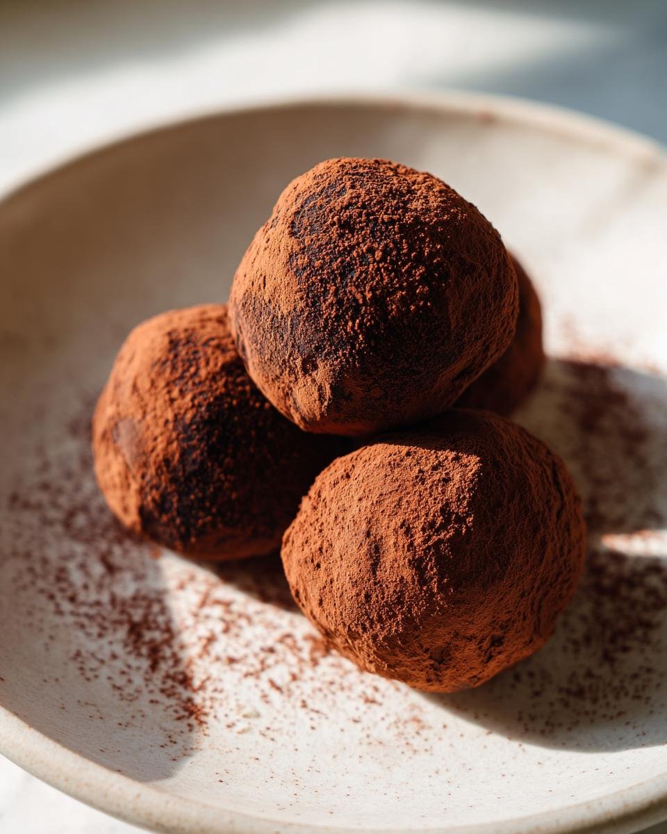 Nahaufnahme von vier unwiderstehlichen Schokoladen-Ricotta-Fudgy-Tr&uuml;ffeln, dick in Kakaopulver gew&auml;lzt.