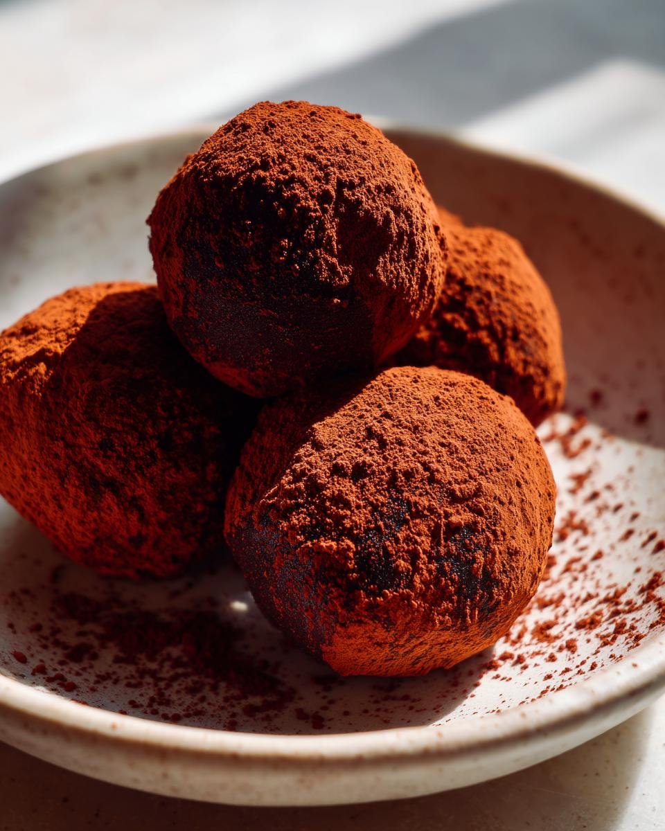 Nahaufnahme von vier unwiderstehlichen Schokoladen-Ricotta-Fudgy-Tr&uuml;ffeln, dick mit Kakaopulver &uuml;berzogen.