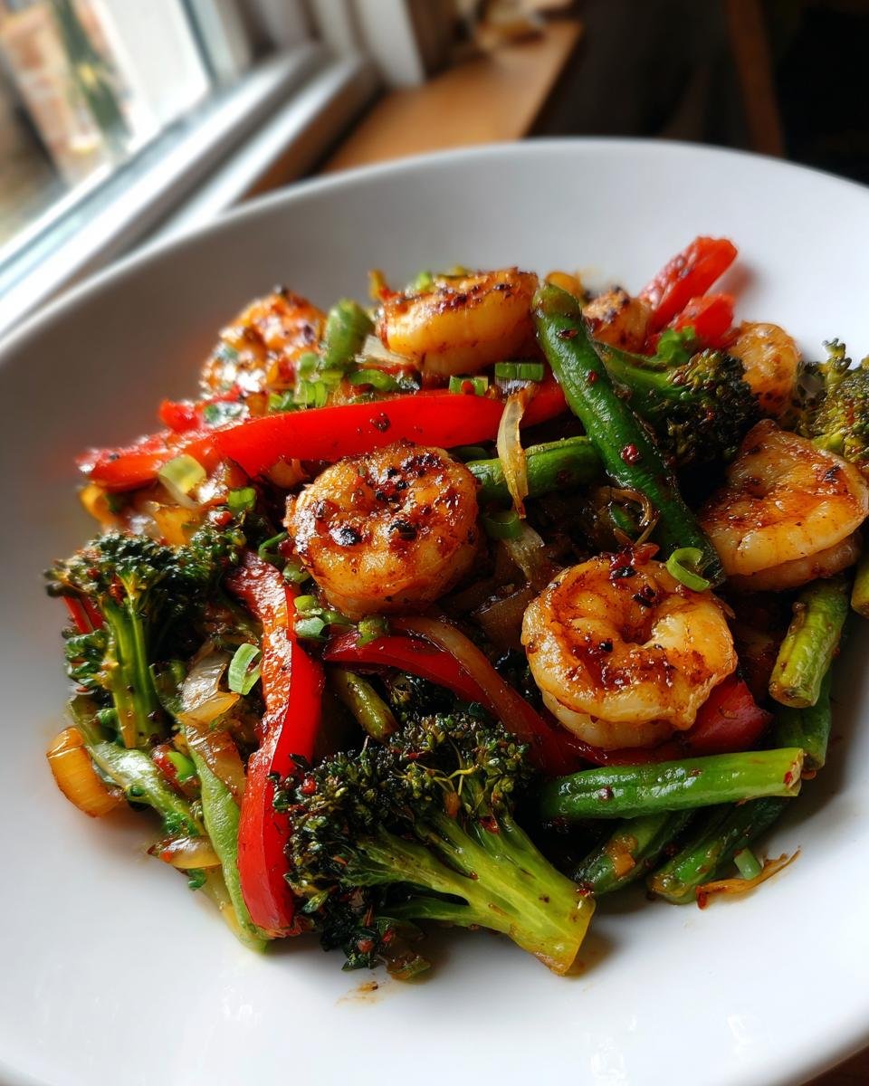 Nahaufnahme eines wei&szlig;en Tellers gef&uuml;llt mit saftigem Shrimp Stir Fry, bestehend aus gebratenen Garnelen, Brokkoli und roten Paprikastreifen.