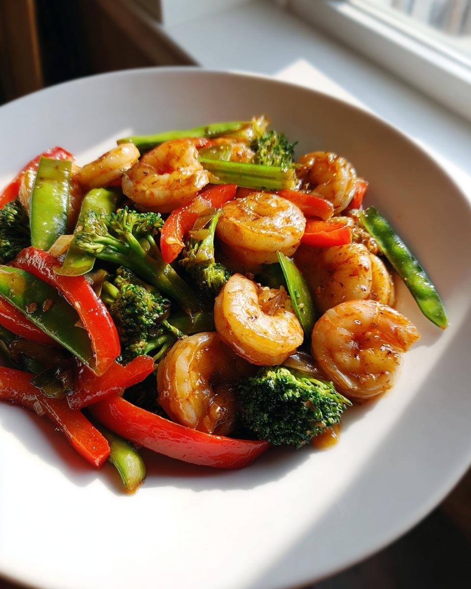 Eine Nahaufnahme von saftigem Shrimp Stir Fry mit Garnelen, roter Paprika, Brokkoli und Zuckerschoten in einer wei&szlig;en Schale.