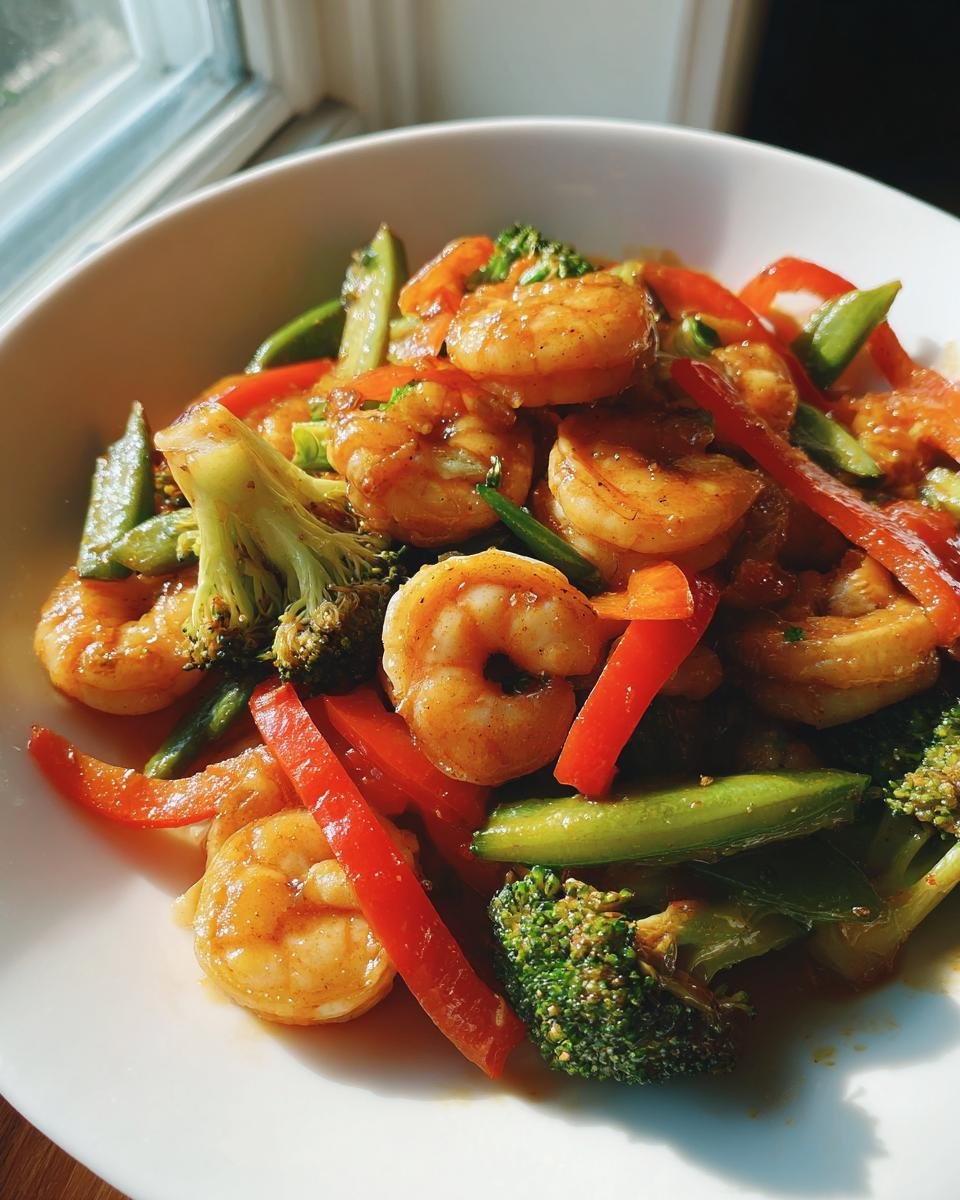 Nahaufnahme von saftigen Garnelen und buntem Gem&uuml;se in einer Sch&uuml;ssel &ndash; das fertige Shrimp Stir Fry.