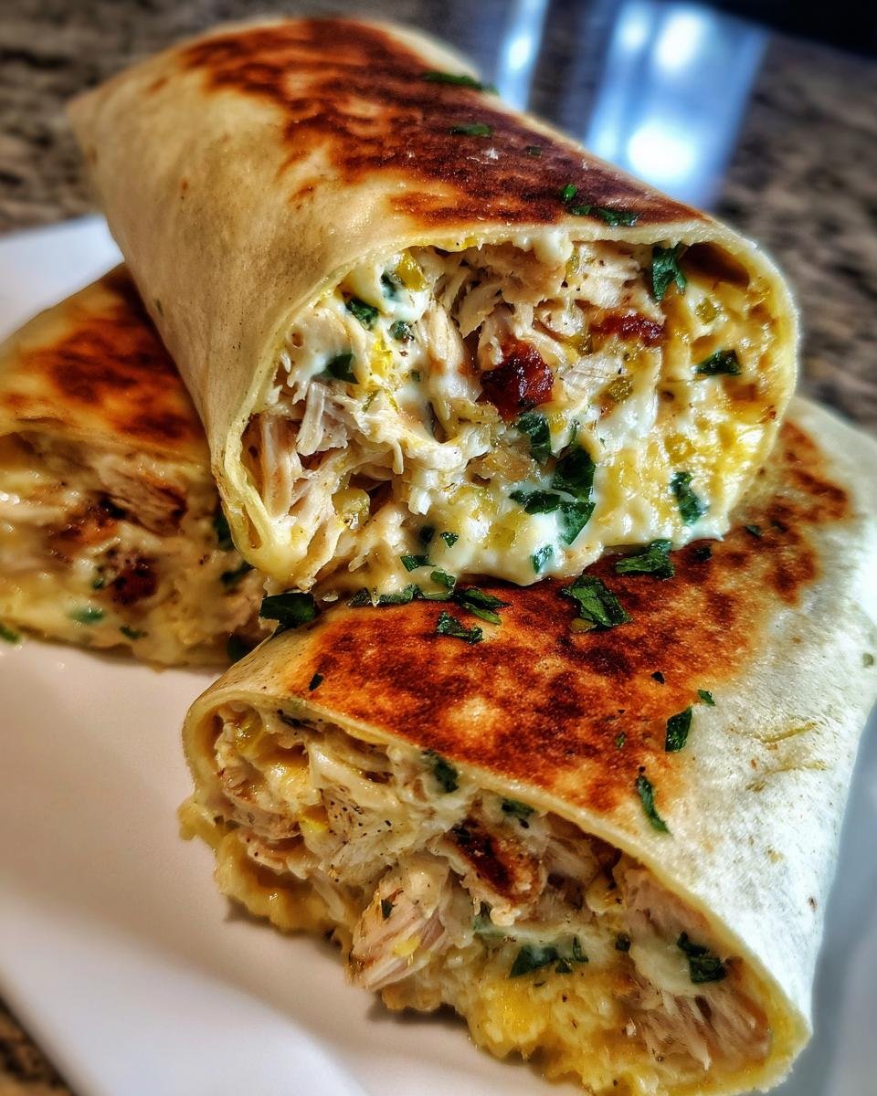 Nahaufnahme von zwei H&auml;lften Smoked Chicken Green Chile Burritos mit cremiger F&uuml;llung und ger&ouml;steter Tortilla.